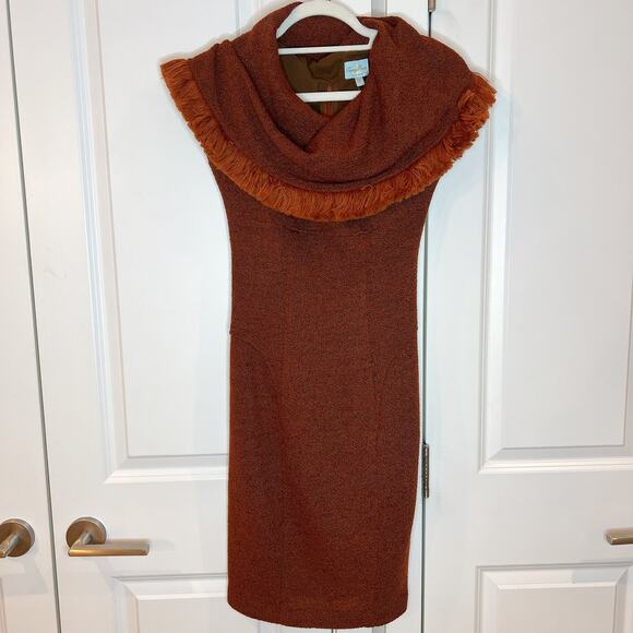 TRACY REESE Burnt Orange Tweed Shawl Collar Fringe Pencil Dress | 2 - Picture 1 of 9